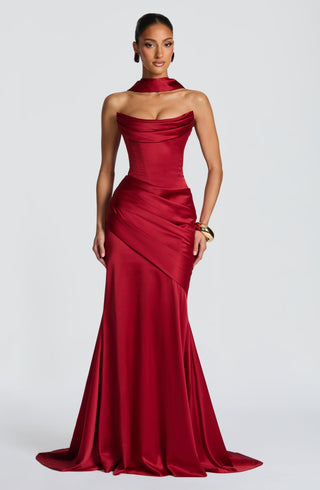 M.T Kensington Maxi Dress Stretch Satin Corset Bodice Deep Red