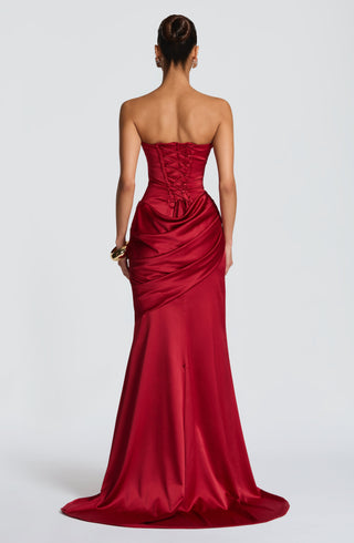 M.T Kensington Maxi Dress Stretch Satin Corset Bodice Deep Red