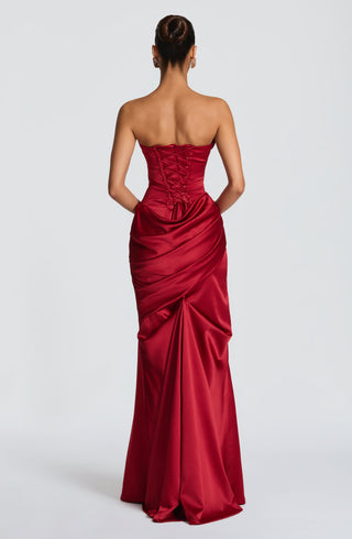 M.T Kensington Maxi Dress Stretch Satin Corset Bodice Deep Red