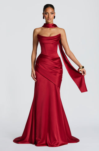 M.T Kensington Maxi Dress Stretch Satin Corset Bodice Deep Red
