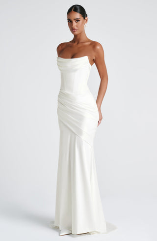 M.T Kensington Maxi Dress Strapless Boned Satin Ivory