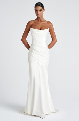 M.T Kensington Maxi Dress Strapless Boned Satin Ivory