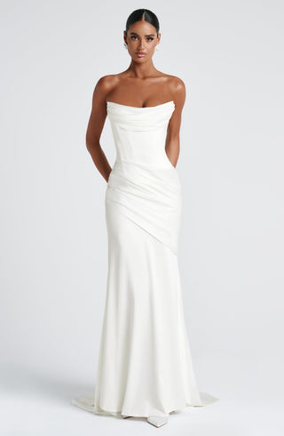 M.T Kensington Maxi Dress Strapless Boned Satin Ivory