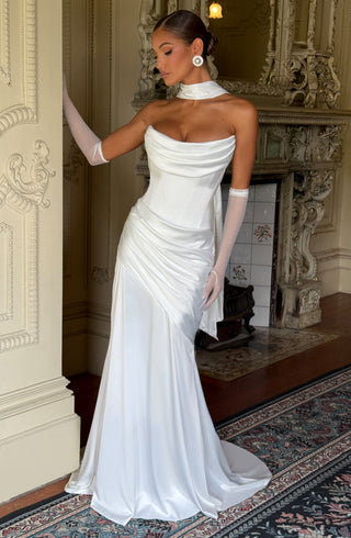 M.T Kensington Maxi Dress Strapless Boned Satin Ivory