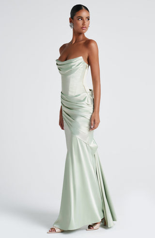 M.T Kensington Maxi Dress Stretch Satin Corset Bodice Mint