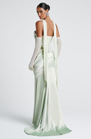 M.T Kensington Maxi Dress Stretch Satin Corset Bodice Mint