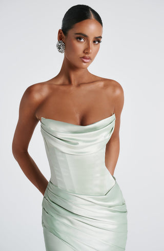 M.T Kensington Maxi Dress Stretch Satin Corset Bodice Mint