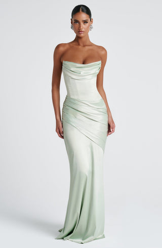 M.T Kensington Maxi Dress Stretch Satin Corset Bodice Mint