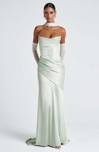 M.T Kensington Maxi Dress Stretch Satin Corset Bodice Mint