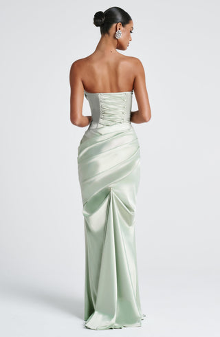 M.T Kensington Maxi Dress Stretch Satin Corset Bodice Mint