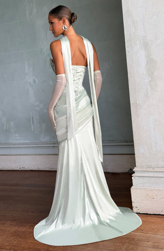 M.T Kensington Maxi Dress Stretch Satin Corset Bodice Mint