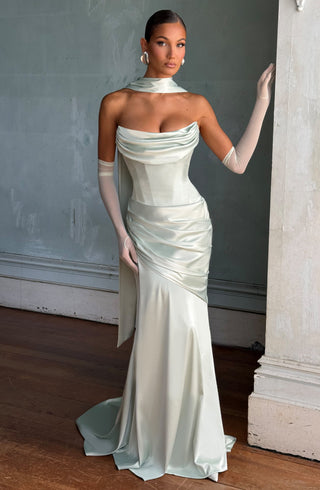 M.T Kensington Maxi Dress Stretch Satin Corset Bodice Mint