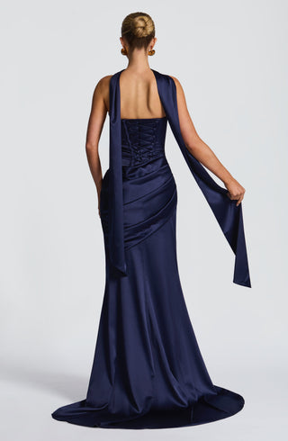 M.T Kensington Maxi Dress Stretch Satin Corset Bodice Navy