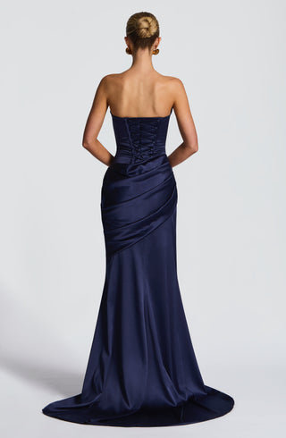 M.T Kensington Maxi Dress Stretch Satin Corset Bodice Navy