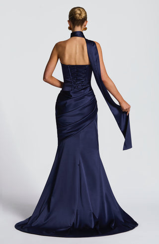 M.T Kensington Maxi Dress Stretch Satin Corset Bodice Navy