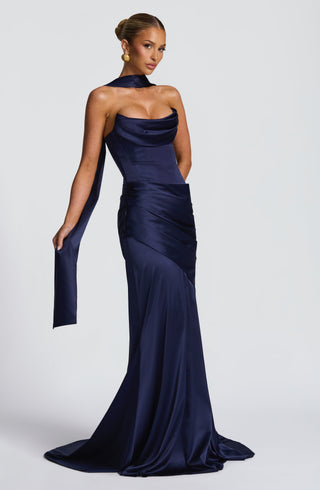 M.T Kensington Maxi Dress Stretch Satin Corset Bodice Navy