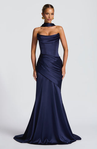 M.T Kensington Maxi Dress Stretch Satin Corset Bodice Navy