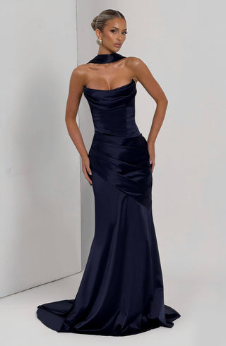 M.T Kensington Maxi Dress Stretch Satin Corset Bodice Navy
