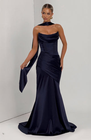 M.T Kensington Maxi Dress Stretch Satin Corset Bodice Navy