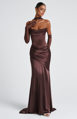 M.T Kensington Maxi Dress Stretch Satin Corset Plum Brown