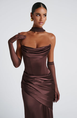 M.T Kensington Maxi Dress Stretch Satin Corset Plum Brown