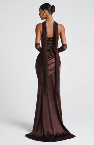 M.T Kensington Maxi Dress Stretch Satin Corset Plum Brown