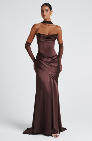 M.T Kensington Maxi Dress Stretch Satin Corset Plum Brown