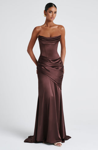 M.T Kensington Maxi Dress Stretch Satin Corset Plum Brown