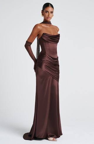 M.T Kensington Maxi Dress Stretch Satin Corset Plum Brown