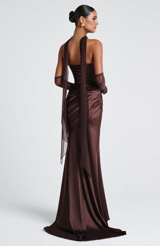 M.T Kensington Maxi Dress Stretch Satin Corset Plum Brown