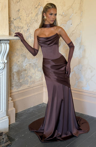 M.T Kensington Maxi Dress Stretch Satin Corset Plum Brown