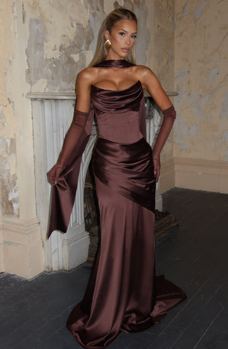 M.T Kensington Maxi Dress Stretch Satin Corset Plum Brown