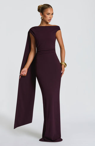 M.T Kylie Maxi Dress Stretch Crepe Column Skirt Plum