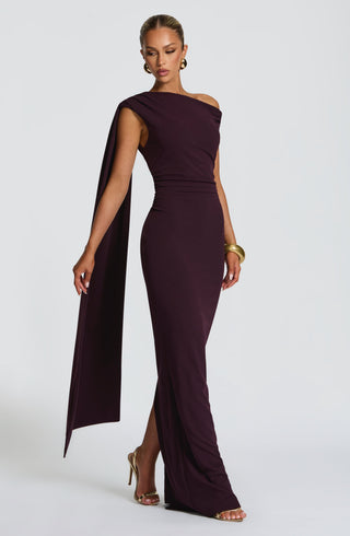 M.T Kylie Maxi Dress Stretch Crepe Column Skirt Plum