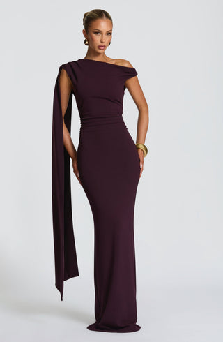 M.T Kylie Maxi Dress Stretch Crepe Column Skirt Plum