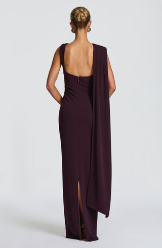 M.T Kylie Maxi Dress Stretch Crepe Column Skirt Plum