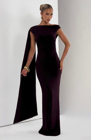 M.T Kylie Maxi Dress Stretch Crepe Column Skirt Plum