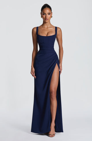 R.F Laleh Maxi Dress Corseted Drape Twill Navy