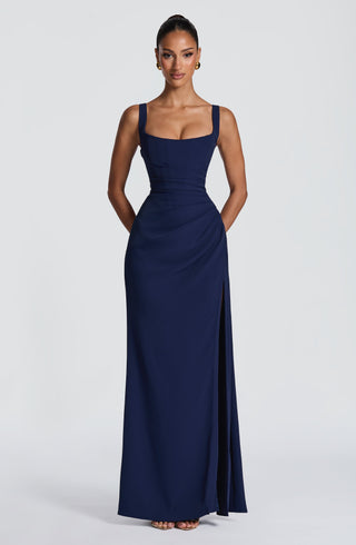 R.F Laleh Maxi Dress Corseted Drape Twill Navy