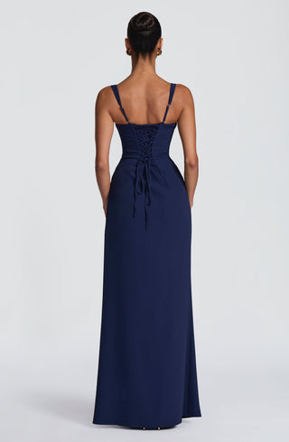 R.F Laleh Maxi Dress Corseted Drape Twill Navy