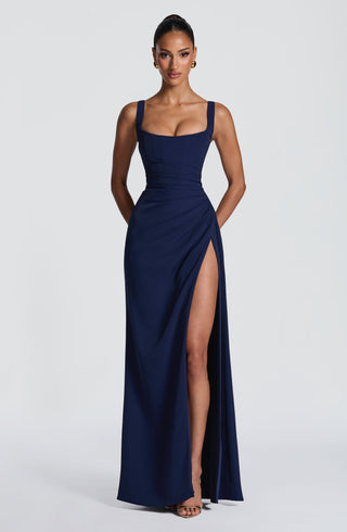R.F Laleh Maxi Dress Corseted Drape Twill Navy