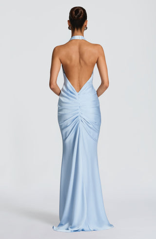 M.T Linette Gown Satin Floor-Length Plunge Halterneck Glacier Blue