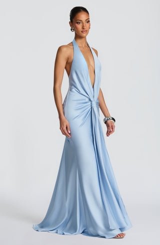M.T Linette Gown Satin Floor-Length Plunge Halterneck Glacier Blue