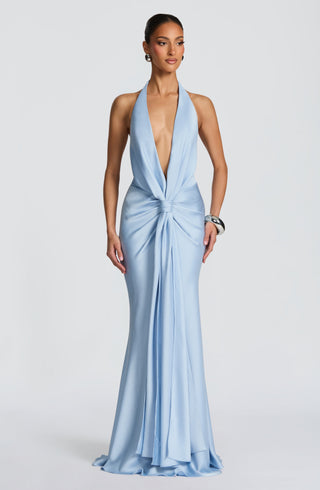 M.T Linette Gown Satin Floor-Length Plunge Halterneck Glacier Blue