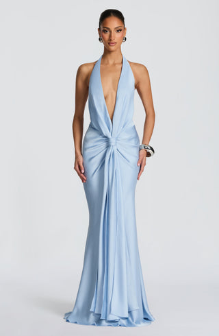 M.T Linette Gown Satin Floor-Length Plunge Halterneck Glacier Blue