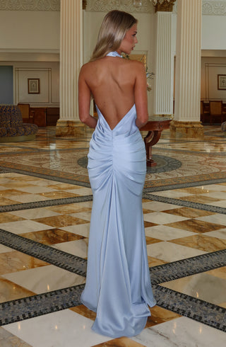 M.T Linette Gown Satin Floor-Length Plunge Halterneck Glacier Blue