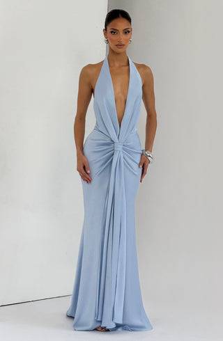 M.T Linette Gown Satin Floor-Length Plunge Halterneck Glacier Blue