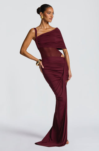 DIA Lisette Bodysuit Asymmetric Bardot Sheer Mesh Cherry Lacquer