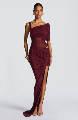 DIA Lisette Bodysuit Asymmetric Bardot Sheer Mesh Cherry Lacquer