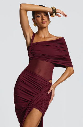 DIA Lisette Bodysuit Asymmetric Bardot Sheer Mesh Cherry Lacquer